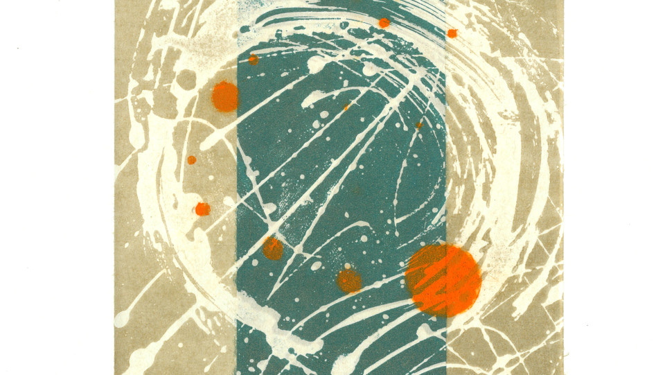 Comic seeds I &middot; Água tinta de açúcar, colagem, carborundum. 18,5x22cm &middot; 2024