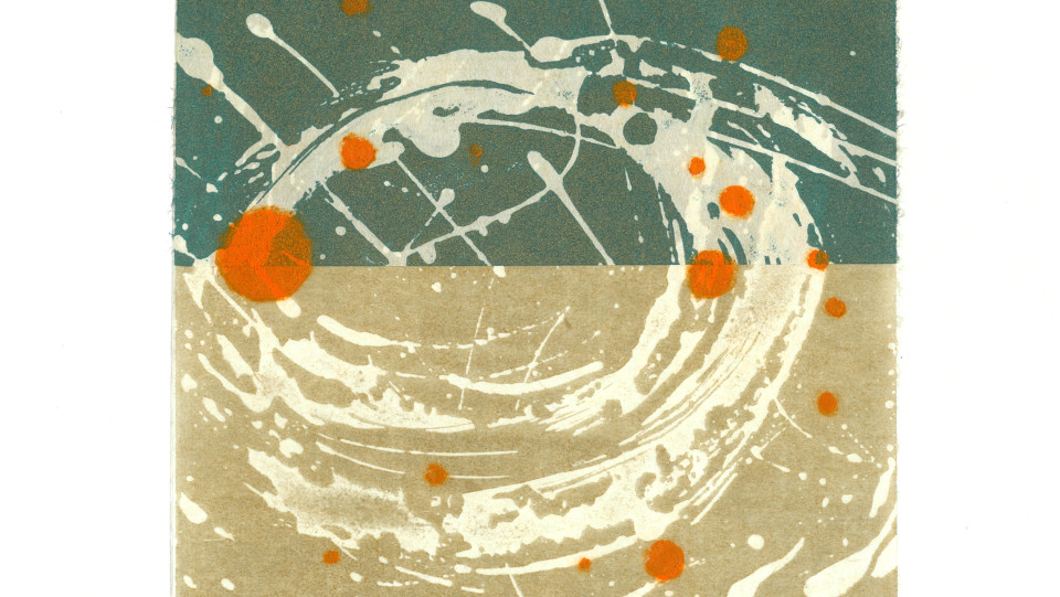 Cosmic Seeds II &middot; Água tinta de açúcar, colagem, carborundum. 18,5x22cm &middot; 2026